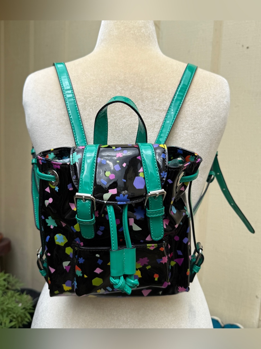 Dolls Kill Club Exx Vinyl 80's Confetti Print Mini Backpack Bag Rave Festival